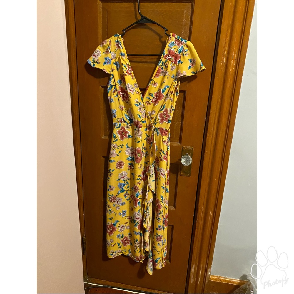 Yellow floral print mock wrap dress